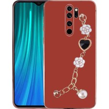 MCasering Xiaomi Redmi Note 8 Pro Kılıf Kamera Korumalı Parlak Gold Kenarlı Kalpli Bileklikli Kırmızı