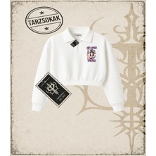 Tarzsokak One Piece Anime Karakterleri  Kadın Crop Polo Yaka Yarım Fermuarlı Sweatshirt Beyaz