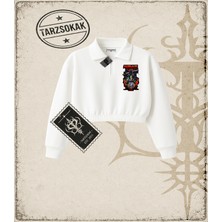 Tarzsokak One Piece Anime Karakterleri  Kadın Crop Polo Yaka Yarım Fermuarlı Sweatshirt Beyaz