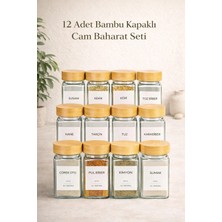 Kai Home 12LI Cam Bambu Kapaklı Kare Baharatlık Seti (14 Adet Etiket)