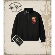 Tarzsokak One Piece Anime Karakterleri  Unisex Polo Yaka Yarım Fermuarlı Sweatshirt Beyaz