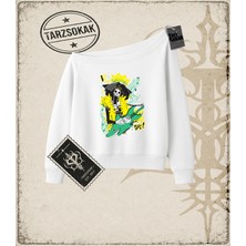 Tarzsokak One Piece Anime Karakterleri  Kadın Kayık Yaka Sweatshirt Beyaz