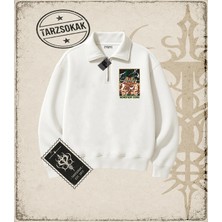 Tarzsokak One Piece Anime Karakterleri  Unisex Polo Yaka Yarım Fermuarlı Sweatshirt Beyaz
