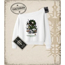 Tarzsokak One Piece Anime Karakterleri  Kadın Kayık Yaka Sweatshirt Beyaz