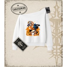 Tarzsokak One Piece Anime Karakterleri  Kadın Kayık Yaka Sweatshirt Beyaz