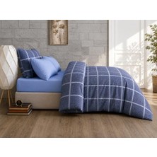 Lüks%80 Pamuklu Çift Kişilik Nevresim Takımı Seti Yorgan Kılıfı Mavi Lacivert Kare Beyaz Çizgi Desen 200X220 cm + Lastikli Battal Boy Çarşaf 180X200X30 cm +2 Yastık Kılıflı 50X70 cm