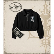 Tarzsokak One Piece Anime Karakterleri  Kadın Crop Polo Yaka Yarım Fermuarlı Sweatshirt Beyaz