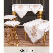 Simella Model Krem-Kapi Nakış Işlemeli 5 Parça Çeyizlik Masa Örtüsü Runner Seti Salon Takımı