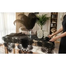 Palmiye Model Siyah 5 Parça Keten Masa Örtüsü Runner Seti Çeyizlik Salon Takımı Şık Tasarım