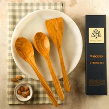 El Yapımı Zeytin Ağacı Mutfak Seti – 3 Parça Doğal Ahşap Kaşık ve Spatula Seti | 30 cm
