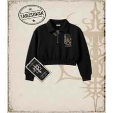Tarzsokak One Piece Anime Karakterleri  Kadın Crop Polo Yaka Yarım Fermuarlı Sweatshirt Beyaz