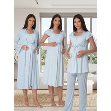 Lohussa Kadın Mavi Desenli Düğmeli Sabahlıklı 4'lü Set Lohusa Hamile Pijama Gecelik Takımı
