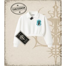 Tarzsokak One Piece Anime Karakterleri  Kadın Crop Polo Yaka Yarım Fermuarlı Sweatshirt Beyaz