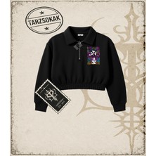 Tarzsokak One Piece Anime Karakterleri  Kadın Crop Polo Yaka Yarım Fermuarlı Sweatshirt Beyaz