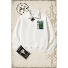 Tarzsokak One Piece Anime Karakterleri  Unisex Polo Yaka Yarım Fermuarlı Sweatshirt Beyaz