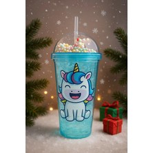 Hace Bazaar Unicorn Temalı Suluk Pipetli Buzlu Cam Görünümlü 450 ml Çift Katman Mika Su Şişesi 2646 Mavi