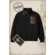 Tarzsokak One Piece Anime Karakterleri  Unisex Polo Yaka Yarım Fermuarlı Sweatshirt Beyaz