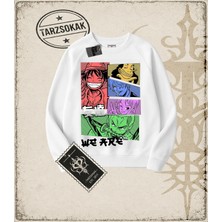 Tarzsokak One Piece Anime Karakterleri  Oversize Unisex Bisiklet Yaka Sweatshirt Beyaz