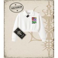 Tarzsokak One Piece Anime Karakterleri  Kadın Crop Polo Yaka Yarım Fermuarlı Sweatshirt Beyaz