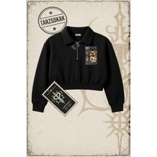 Tarzsokak One Piece Anime Karakterleri  Kadın Crop Polo Yaka Yarım Fermuarlı Sweatshirt Beyaz