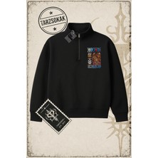 Tarzsokak One Piece Anime Karakterleri  Unisex Polo Yaka Yarım Fermuarlı Sweatshirt Beyaz