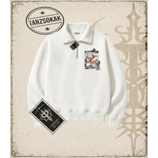Tarzsokak One Piece Anime Karakterleri  Unisex Polo Yaka Yarım Fermuarlı Sweatshirt Beyaz