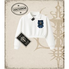 Tarzsokak One Piece Anime Karakterleri  Kadın Crop Polo Yaka Yarım Fermuarlı Sweatshirt Beyaz