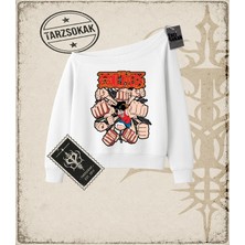 Tarzsokak One Piece Anime Karakterleri  Kadın Kayık Yaka Sweatshirt Beyaz