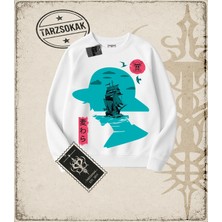 Tarzsokak One Piece Anime Karakterleri  Oversize Unisex Bisiklet Yaka Sweatshirt Beyaz