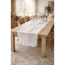 Kai Home Shine White Keten Heryeri Fırfırlı Dikdörtgen Runner 40 x 120CM