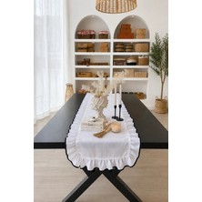 Kai Home Shine White Keten Heryeri Fırfırlı Nakış Detaylı Dikdörtgen Runner 40CMX120CM