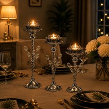 Vien Home 3'lü Gümüş Lotus Mumluk Seti Kristal Taş Detaylı Metal Şamdan Dekoratif Mumluk
