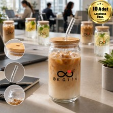 BK Gift Logonuza Özel 10 Adet Bambu Kapaklı Pipetli Cam Bardak 540 ml