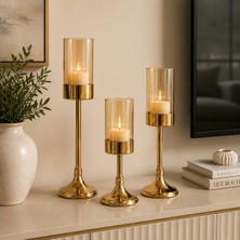Vien Home Gold Metal Ayaklı Amber Cam Mumluk 3'lü Set – Amber Cam Dekoratif Şamdan (20-25-30 Cm)