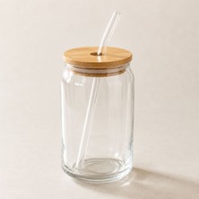 Bk Gift Bambu Kapaklı Pipetli 540 ml Cam Bardak, Iced Coffee ve Soğuk Içecek Bardağı