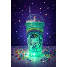 Hace Bazaar Unicorn Temalı LED Işıklı Suluk Buzlu Cam Görünümlü 450 ml Çift Katman Mika Su Şişesi 2646 Yeşil