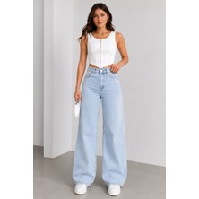 Lyvens Kadın Mavi Palazzo Jean | Yüksek Bel Geniş Paça Denim Pantolon