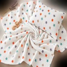 More Home % 100 Pamuklu Bebek 90X90 Müslin Örtü +35X45 Yastık Kılıfı Yıldız Desenli