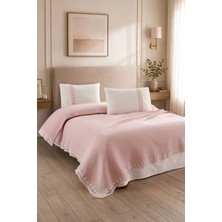 Sevim 4 Parça Kopanaki Dantelli & Püsküllü Çift Kişilik Pike Takımı - %100 Pamuk - 210 X230 cm - Somon