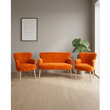Azra Mobilya Roma 2+1+1 Welsoft Tüylü Yumuşak Kumaş Çay Seti Koltuk Takımı - Ahşap Ayak - Turuncu