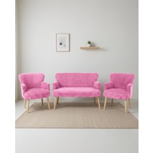 Azra Mobilya Roma 2+1+1 Welsoft Tüylü Yumuşak Kumaş Çay Seti Koltuk Takımı - Ahşap Ayak - Pembe