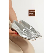 Modabuymus Gümüş Lame Renk Loafer Hakiki Deri Babet Ayakkabı Raga
