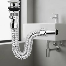 Hace Bazaar Krom Basmalı Sifon -Körüklü Sifon Bas Stoplu Lavabo Mutfak Sifonu-Paslanmaz