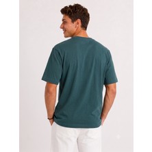 Vasto Moda Erkek Tam Oversize Kalıp Kalın %100 Pamuk Bisiklet Ribana Yakalı Petrol Yeşili T-Shirt