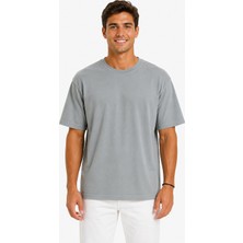 Vasto Moda Erkek Tam Oversize Kalıp Kalın Dokulu %100 Organik Pamuk Bisiklet Ribana Yakalı Açık Gri T-Shirt