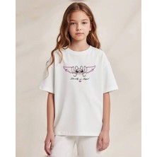 Lily Co Beyaz Stitch Karakterli Angel Kanat Baskılı Oversize Kız Çocuk Tişörtü