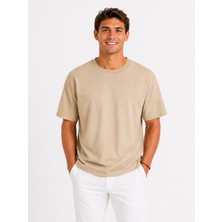 Vasto Moda Erkek Tam Oversize Kalıp Kalın Dokulu %100 Organik Pamuk Bisiklet Ribana Yakalı Bej T-Shirt