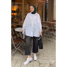 Lamelif Kol Detaylı Gömlek Oversize Gömlek Beyaz