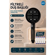 NOY Filtreli Duş Başlığı  + 5 Yedek Filtre, Klor ve Kireç Önleyici  ,  6 Akış Modlu - Siyah