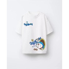 Lily Co Beyaz Doraemon Çizgi Karakter Baskılı Pamuklu Oversize Unisex Çocuk Tişörtü
